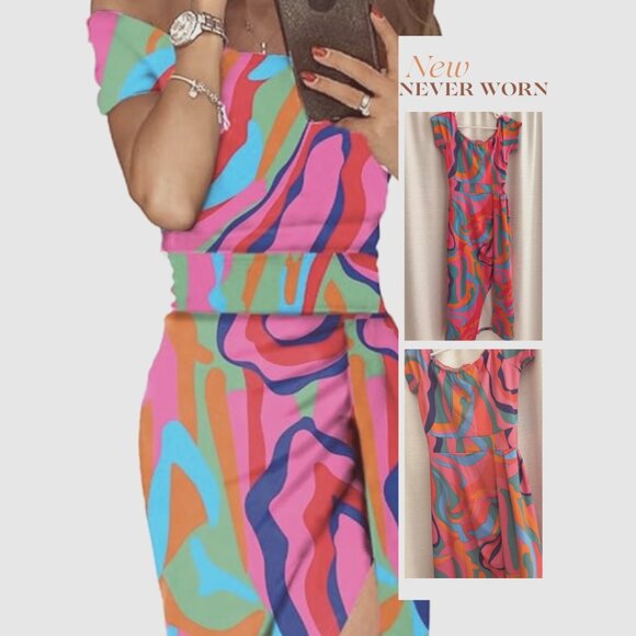 Sidefeel Off The Shoulder Floral Print High Slit Bodycon Dress - Size S - Picture 1 of 2
